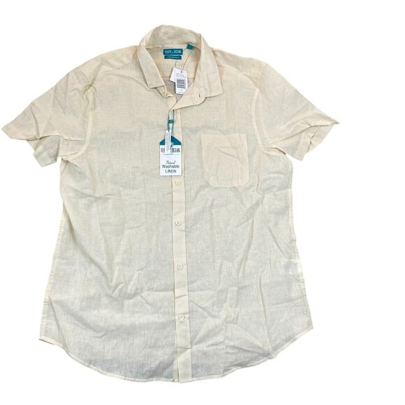 Tenth + Ocean Mens Shirt Large Short Sleeve Button Up Dull Yellow Washable Linen - Picture 1 of 14